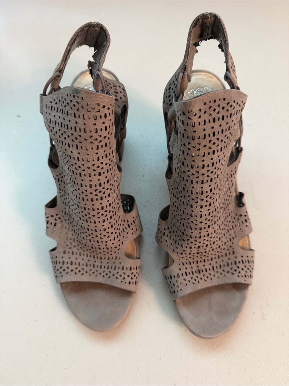 Vince Camuto Taupe Perforated Open-Toe Heels